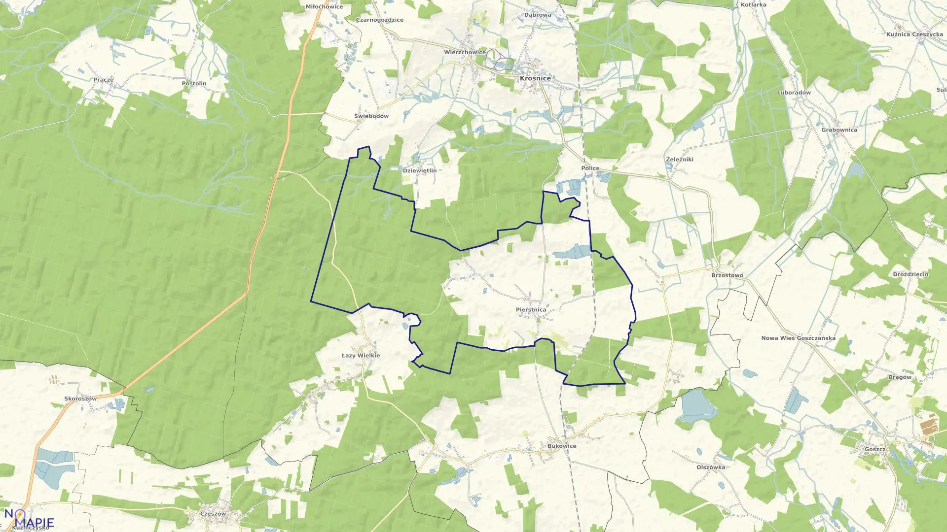 Mapa obrębu PIERSTNICA w gminie Krośnice