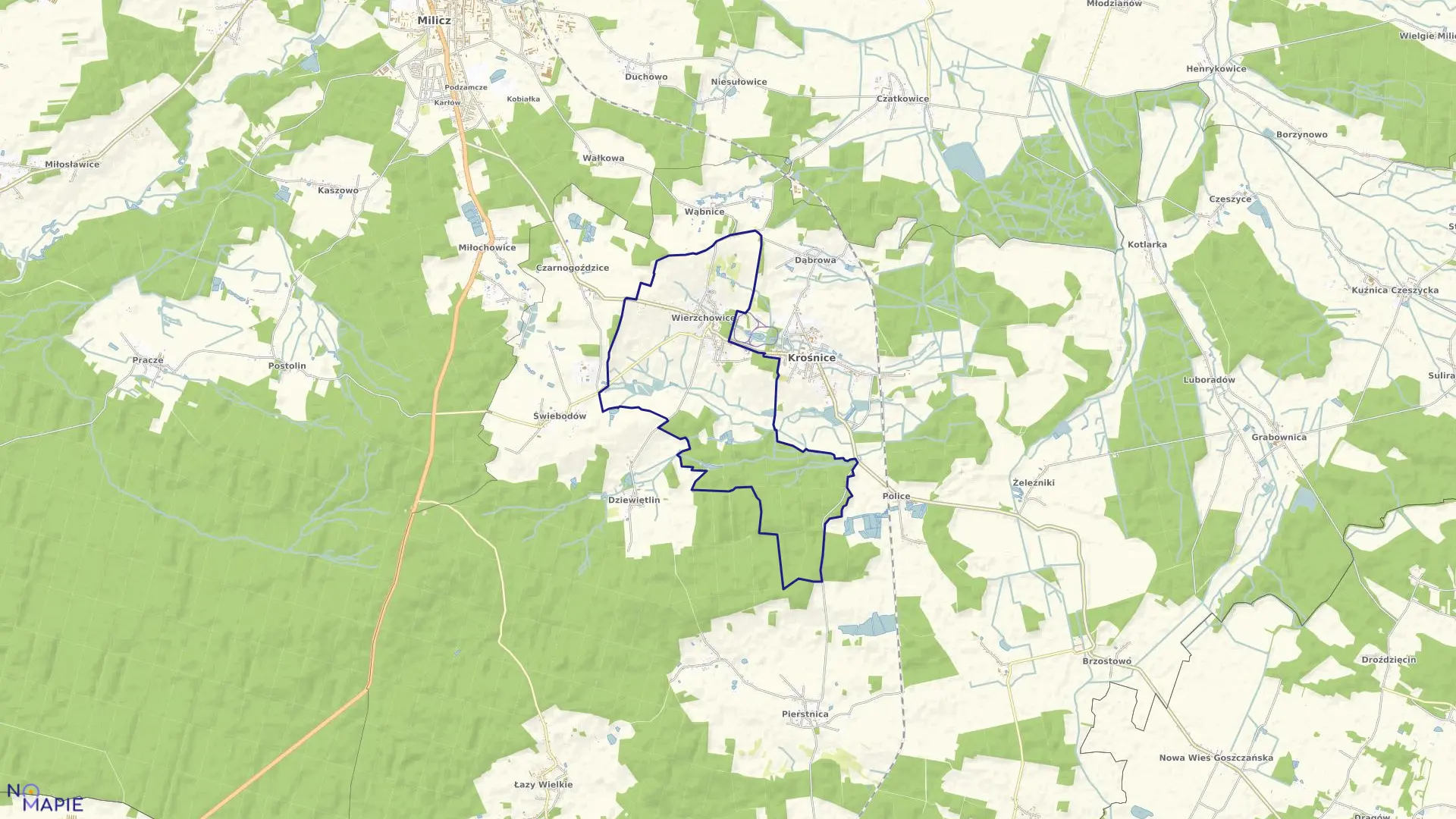 Mapa obrębu WIERZCHOWICE w gminie Krośnice